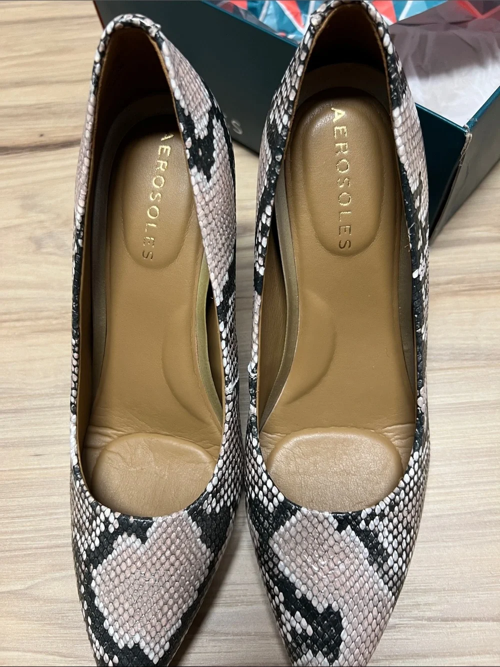 AEROSOLES Pink and Black Snake-Print Pointed Toe Stilettos